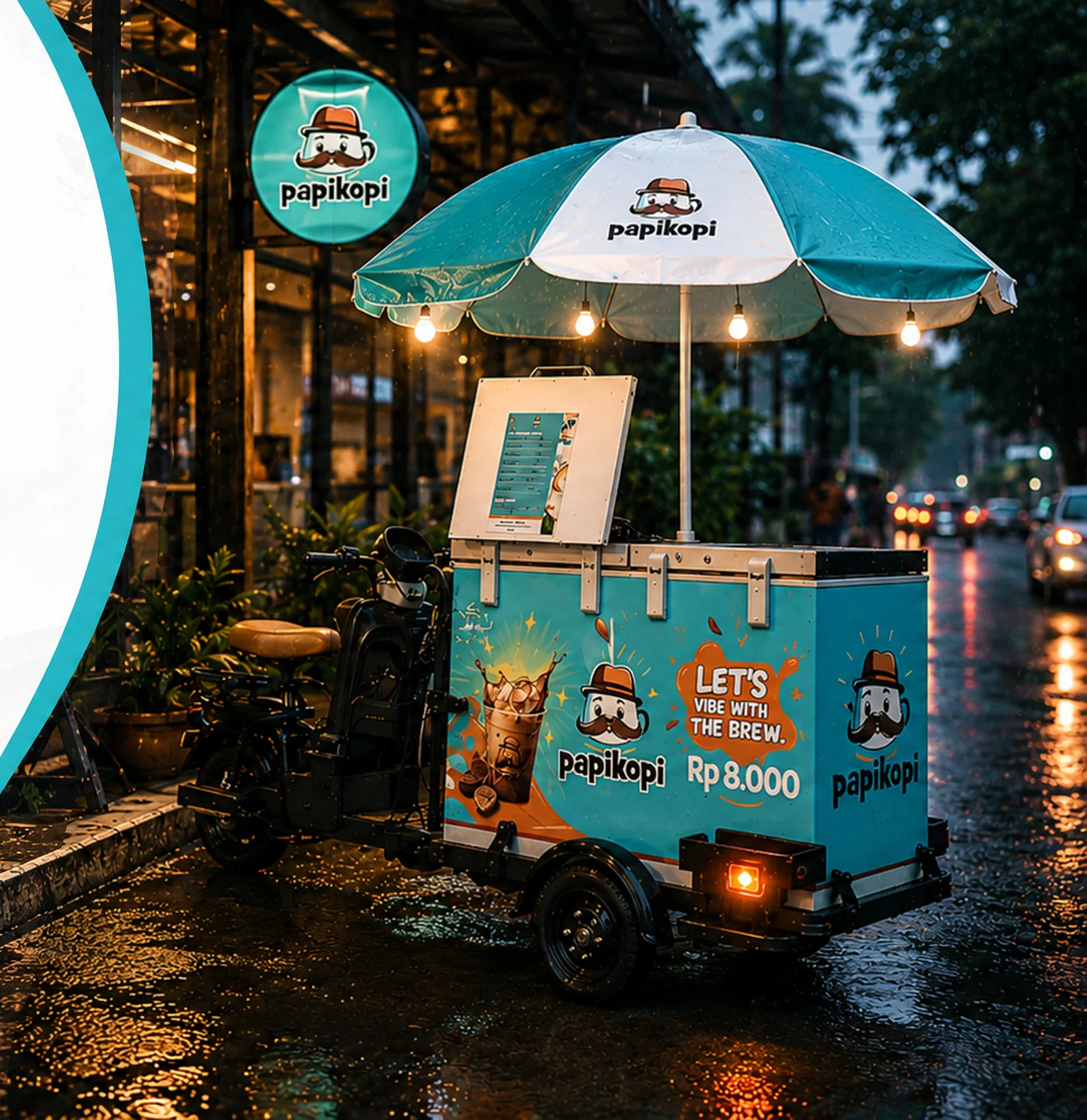 Gerobak kopi keliling modern Papikopi pada malam hari