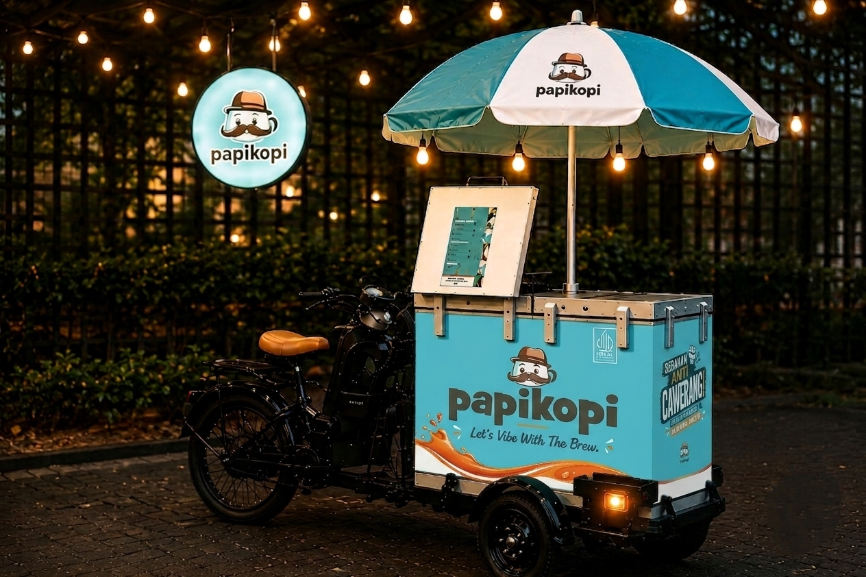 Gerobak kopi keliling modern Papikopi pada malam hari