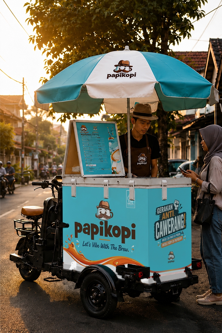 Barista Papikopi melayani pelanggan dari gerobak kopi keliling